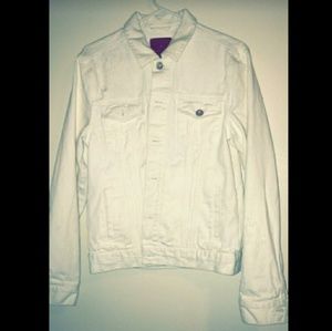 All white distressed denim jacket